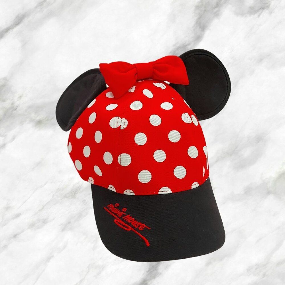 Disneyland Parks Minnie Mouse Snap Back Hat Cap Youth One Size Red Polka Dot Bow
